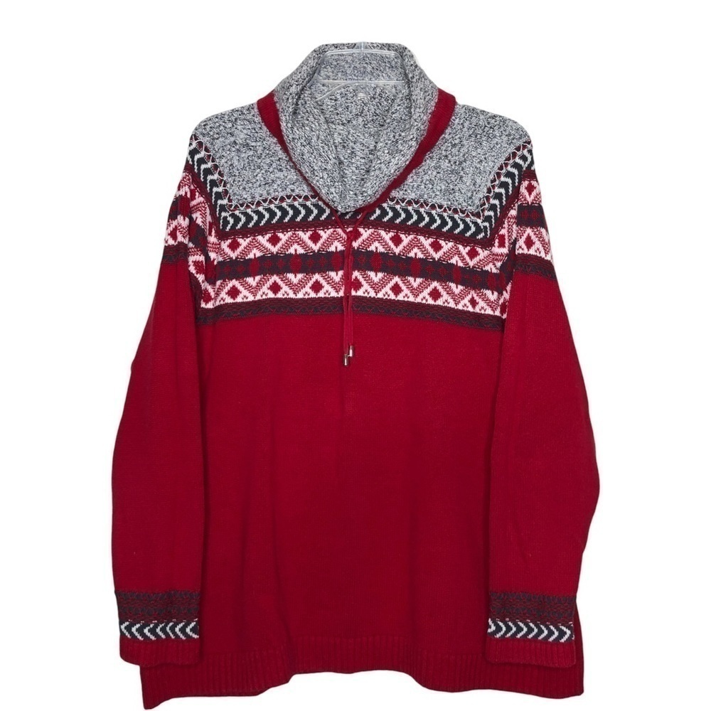 100% Cotton Red, Gray & White Fair Isle Cowl Neck Turtleneck Sweater Size Large